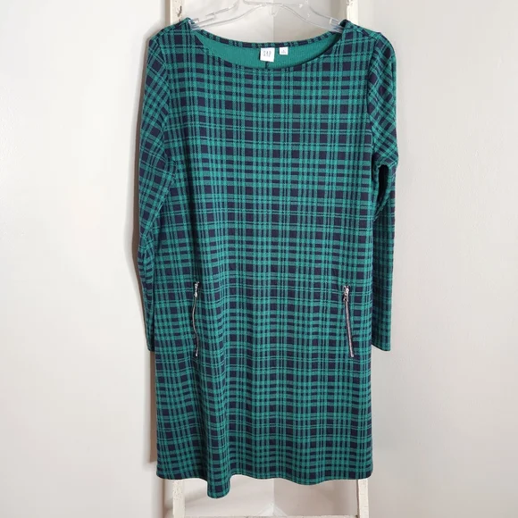 GAP | Dresses | Gap Dress Womens Large Green Plaid Long Sleeve Silver  Zipper Pockets Holiday | Poshmark